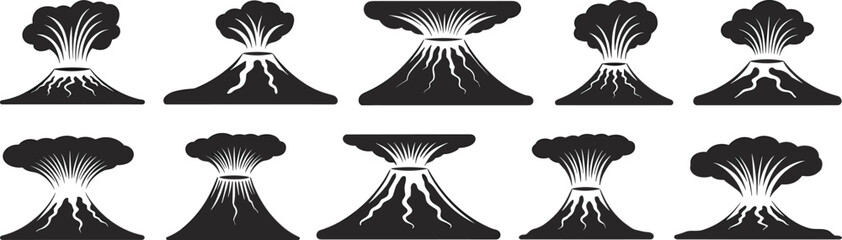 Set of vector illustrations of volcanic eruptions with smoke, lava flow, and ash clouds, isolated on a white background.

 flat vector illustration