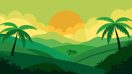 Tropical sunset landscape with palm trees and mountains