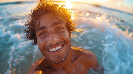 A joyful young man swimming in the ocean waves during sunset, radiating happiness and freedom, capturing the essence of summer's warm evenings and cherished moments by the sea.