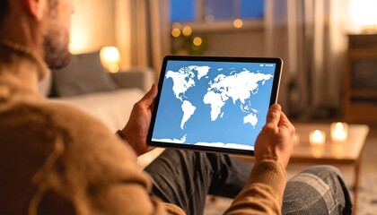 Man planning travel on tablet.