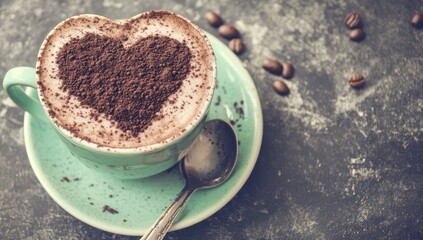 Teal cup of cappuccino with heart design