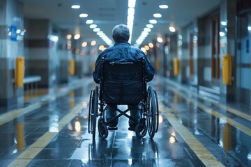 A solitary man in a wheelchair faces away in a hospital corridor, evoking feelings of absence and contemplation, representing vulnerability in moments of solitude and reflection.