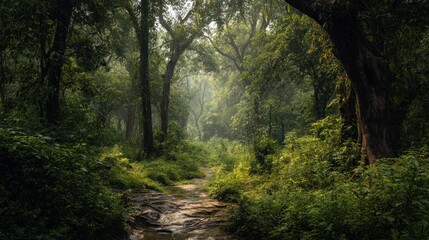Obraz premium Enchanted Forest Path: A Mystical Journey Through Lush Greenery