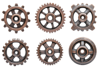 Six cogwheel components with tarnished bronze color in mechanical industrial concept