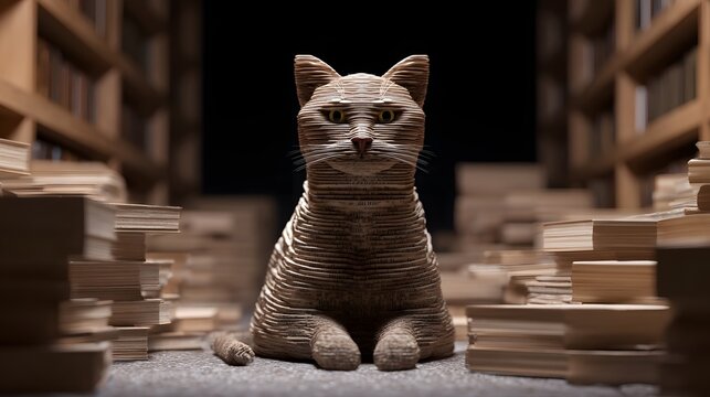 A curious cat made of books sits among the shelves of a cozy library, embodying the pursuit of knowledge and wisdom.