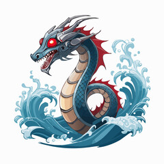 Obraz premium Futuristic 3D vector of a robotic sea serpent with metallic scales, glowing red eyes, and a serpentine pose curling through digital waves — perfect for tech-style marine beast T-shirt