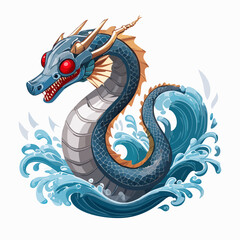 Obraz premium Futuristic 3D vector of a robotic sea serpent with metallic scales, glowing red eyes, and a serpentine pose curling through digital waves — perfect for tech-style marine beast T-shirt