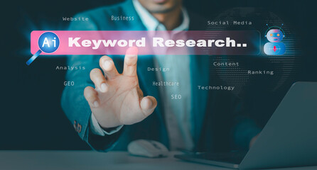 Keywords research concept: GEO generative engine optimization, and SEO, Businessmen use agentic AI, rank search engines with assistants, and select popular search terms with suggestion tips