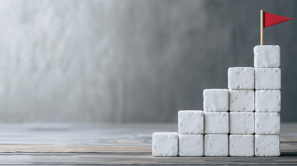 Flag on Blocks: A minimalistic composition featuring a small red flag triumphantly planted atop a staircase of white blocks, symbolizing achievement and progress.