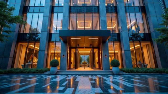 Modern law firm building exterior with illuminated entrance designs