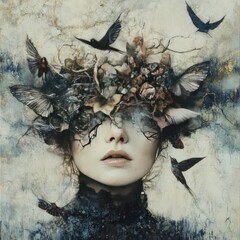 Woman's face obscured by birds and nature elements