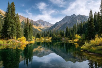 Lake reflection in mountain view on white background