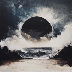 Dark circle in stormy sea