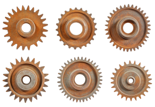 Several rusty gear wheels are isolated on transparent background.