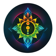 Vibrant Rainbow Mandala Design featuring a glowing flower with chakra energy points for spiritual art, meditation, yoga, and wellness themes.