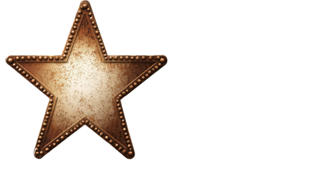 Rusted star shaped frame with spherical decorations on transparent backdrop.
