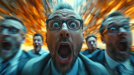 A dynamic scene depicting a group of screaming businessmen surrounded by a vibrant city, epitomizing stress and urgency in a fast-paced urban environment.