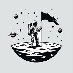 Monochrome vector design of an astronaut planting a flag on a distant planet, surrounded by craters and stars &mdash; detailed and bold for T-shirt print