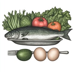 Fresh fish, vegetables, and eggs on a platter