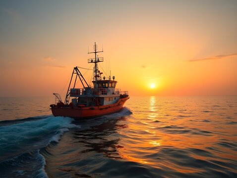 A fishing trawler sailing in open waters at sunset. The boat goes out to the open sea for fish in the rays of the dawn sun. Fishing industry