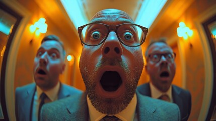 Three businessmen exhibiting shock in a surreal, dimly-lit hallway, embodying the unexpected emotions of curiosity, tension, and surprise in a professional context.