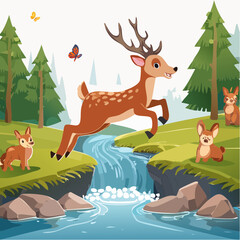 Fototapeta premium Beautiful 4K cartoon animation of a deer gracefully jumping over river rocks at sunset, with golden light shining through the trees and animated ripples in the water