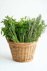 Naklejka premium Fresh Herbs in Wicker Basket on White Background for Culinary Use