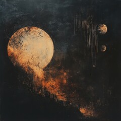 Cosmic landscape, ochre planet, streaks of decay