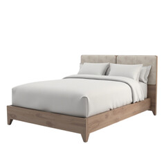 Modern Queen Size Bed with Light Wood Frame and Upholstered Headboard Isolated on Transparent Background PNG
