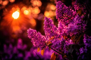 Vibrant lilac blossoms at sunset
