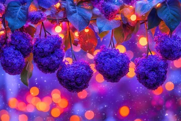 Purple flower clusters hang from branches, illuminated by warm lights, soft bokeh