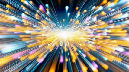 Abstract speed motion burst with colorful light trails radiating from bright center. Dynamic energy explosion, zoom blur effect, vibrant neon streaks in space tunnel design. - Powered by Adobe