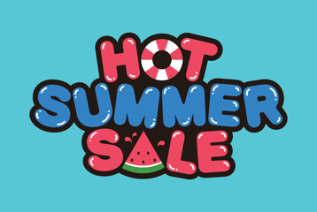 A vibrant summer sale banner with colorful, cute and fun typography, lifebuoy, tube and watermelon icons, perfect for seasonal promotions and marketing.