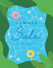 Tropical summer sale background with palm trees, pool floats, flowers and sunshine. Perfect for summer, seasonal promotions and vacation, travel themed designs.