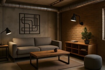 Modern Industrial Living Room with Stylish Furniture and Lighting