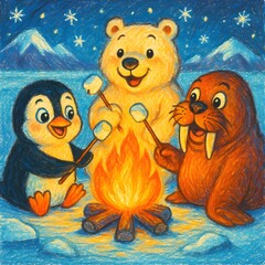 Adorable Polar Bear Penguin Walrus Campfire Winter Scene Cute Animals