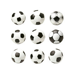 Nine Classic Black and White Soccer Balls, Isolated on Transparent Background