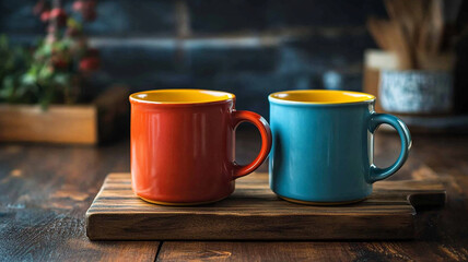 Colorful coffee mugs on wooden board kitchen