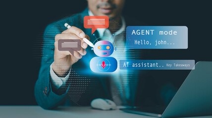 AI assistant interaction concept. User interacting with virtual  AI agents, Key Takeaway, icons for voice, text, image, video generation,  productivity tools, chatbot, intelligence communication 