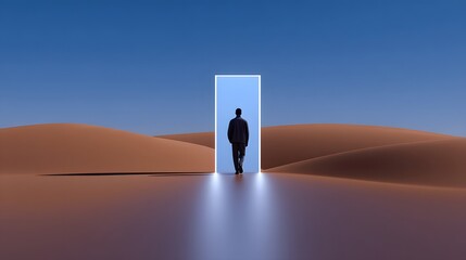 A solitary figure silhouetted against the vast expanse of a desert landscape, walking towards a doorway of ethereal light, creating a surreal and contemplative scene.