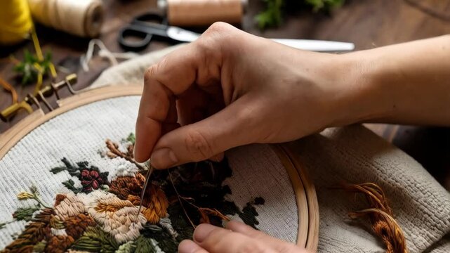 Hands carefully embroidering a detailed floral design on linen fabric stretched in a wooden hoop, crafting needlework art