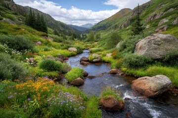 Mountain river flowing through valley on white background