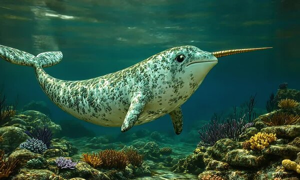 Underwater narwhal swimming amidst coral reefs