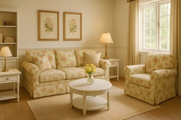 Cozy Floral Living Room with Natural Light and Elegant Decor