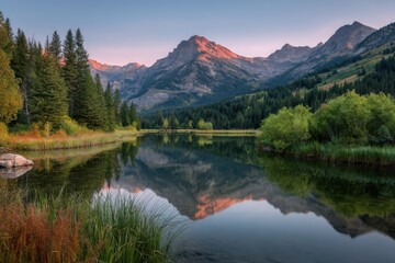 Fototapeta premium Mountain lake reflection scenic view on white background