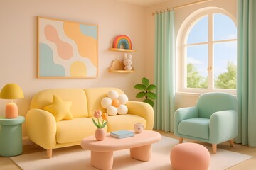Bright and Cheerful Living Room with Soft Pastel Colors and Decor