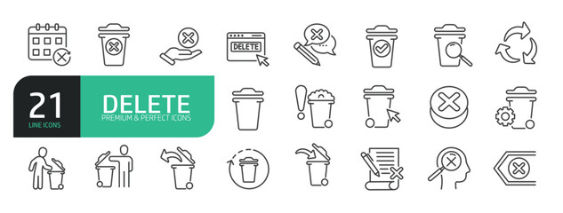 Set Of Delete Icons. Contains such icons as Erase, Garbage, Clear, Waste, Undo, Bin, Trash, Mistake, Denied, Error, Throw, Recycle, and more.