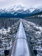 Industrial gas pipeline in Alaska crossing snowy terrain with forest and mountains in the distance, winter season