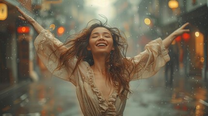 A young woman joyfully dances in the rain on an urban street, expressing pure happiness and freedom. This scene captures the thrill of life amidst a vibrant city atmosphere.