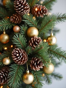 Christmas decoration featuring pine cones, magnolia leaves, and golden ornaments